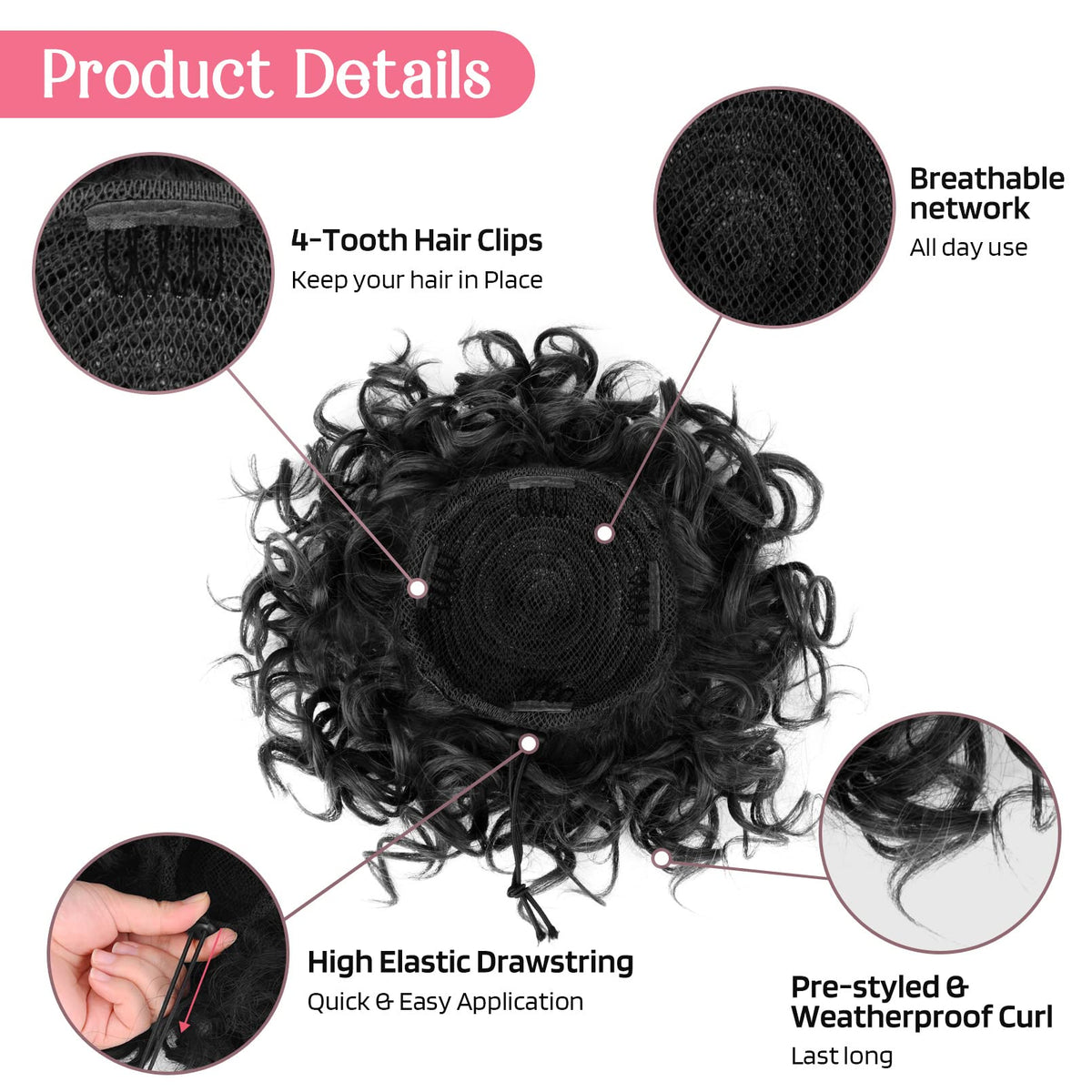 HOOJIH secure-fit with four invisible combs and a drawstring keeps bun in place all day.