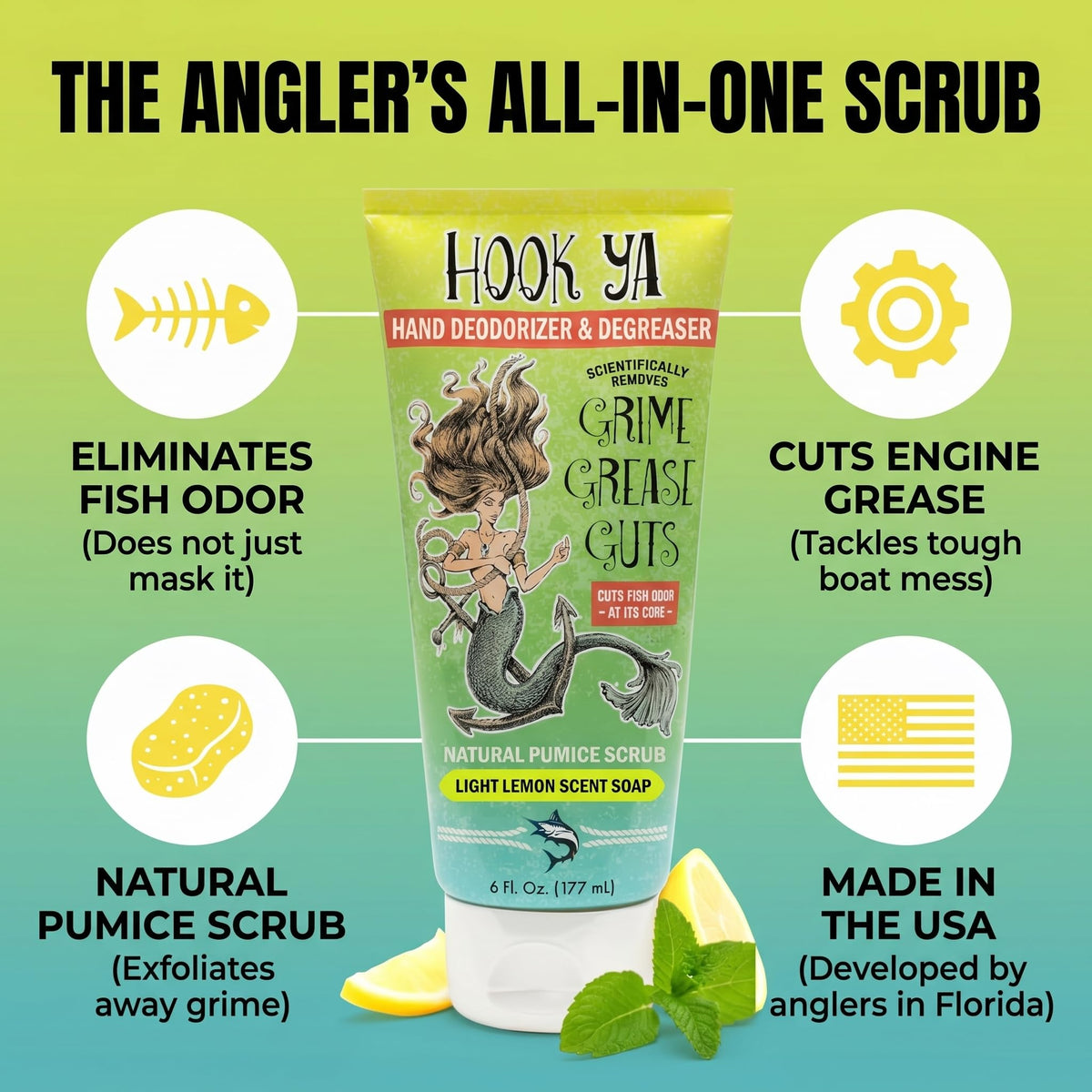 HookYa fishing gear degreaser bottle with suds on greasy tackle.