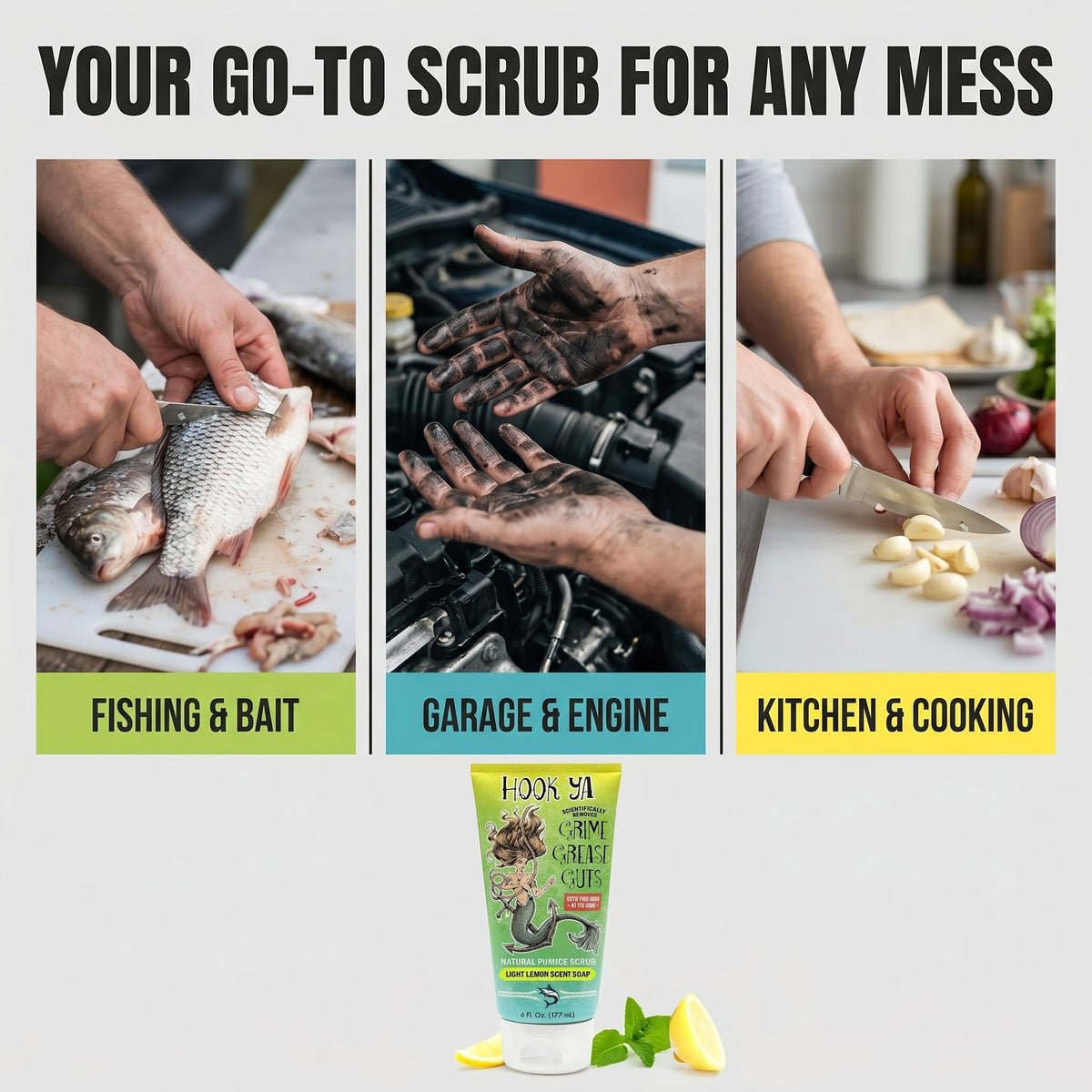 HookYa hand scrub texture removing fish odor and grime on hands.