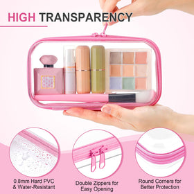 Hoolerry clear zipper pouch in pink, ideal for travel cosmetics and tools.