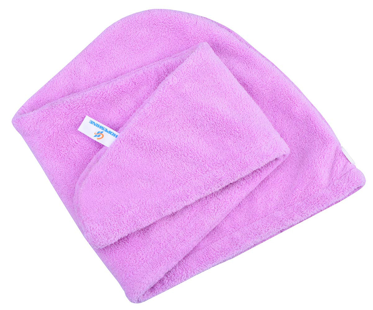 HOPESHINE Hair Towel Twist wearing turban demonstrates secure fit and hands-free routine.