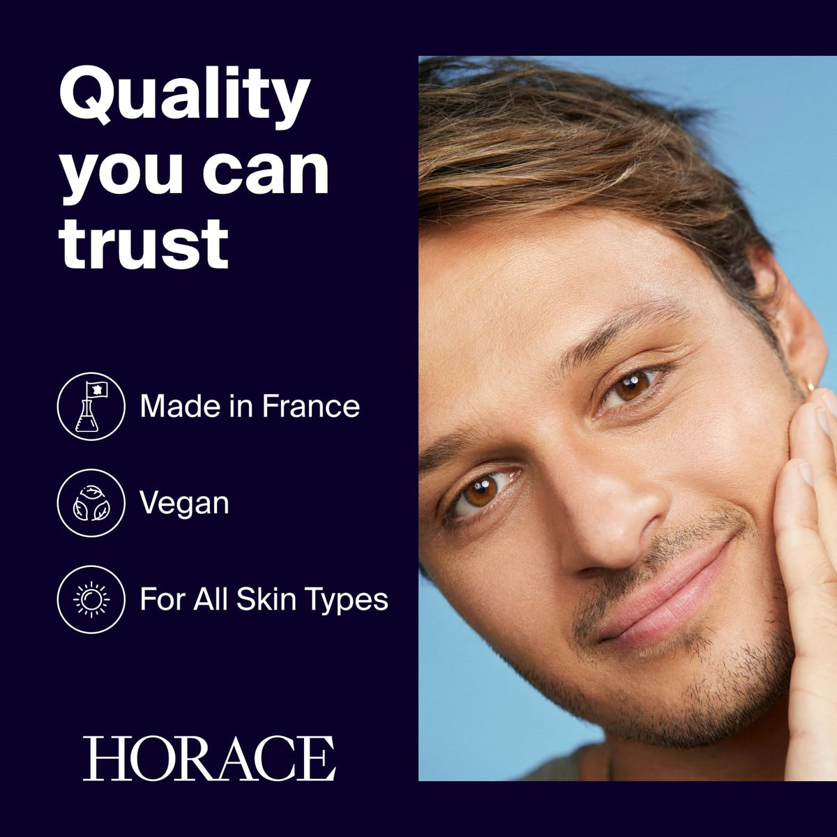 HORACE Unscented packaging emphasizing vegan, fragrance-free formula.