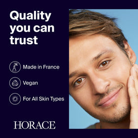 HORACE Unscented packaging emphasizing vegan, fragrance-free formula.