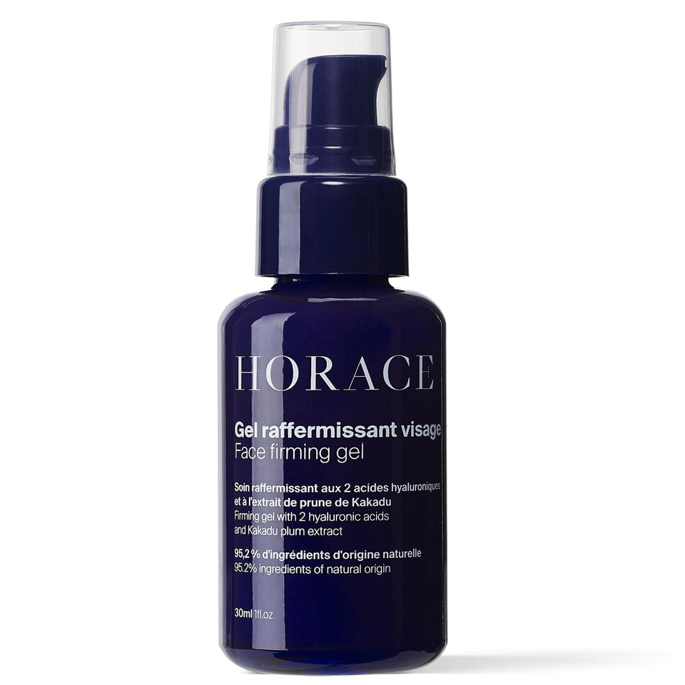 Horace Face Firming Gel bottle on a bathroom shelf, lightweight hydration for daily use