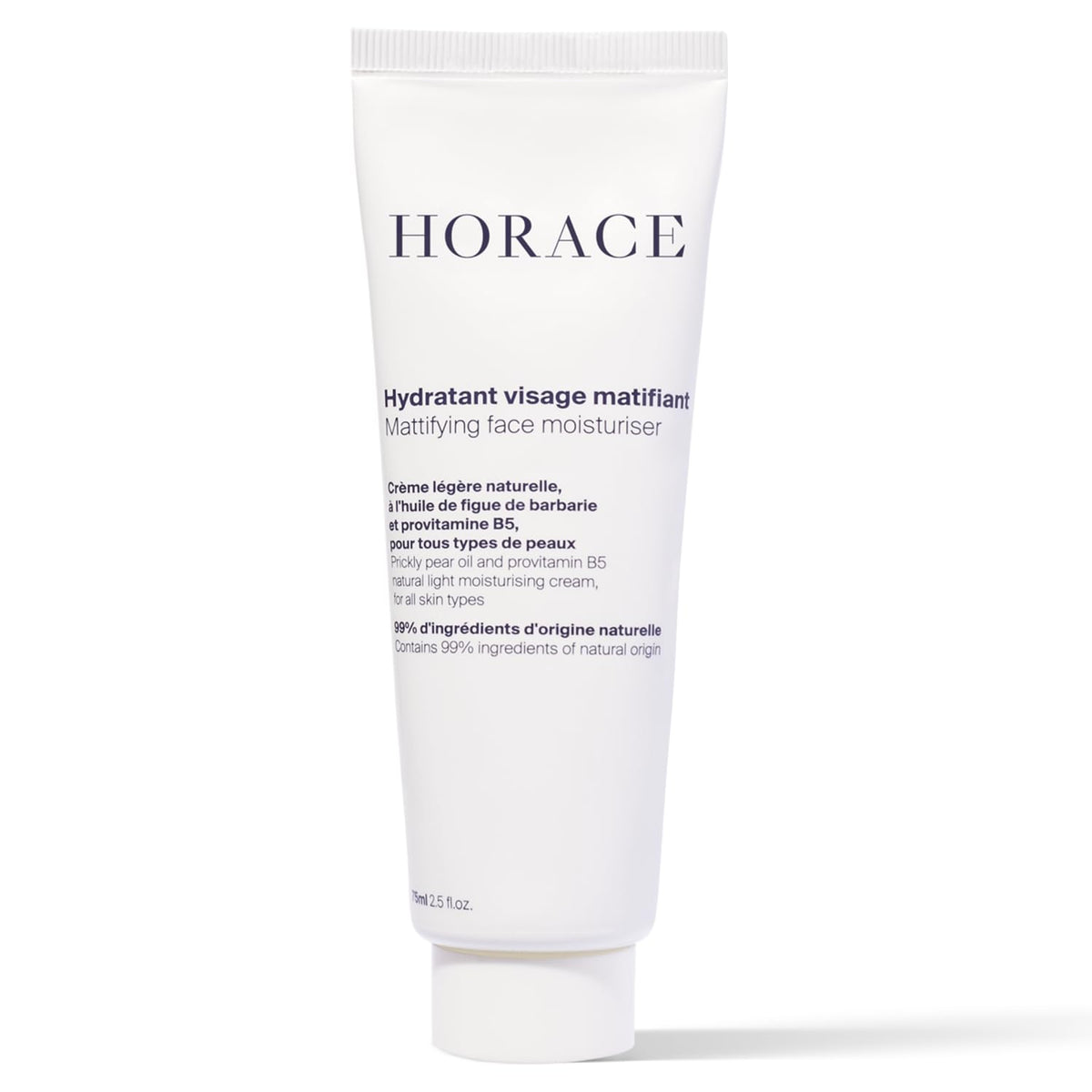 HORACE mattifying moisturizer bottle demonstrating fast absorption for shine control