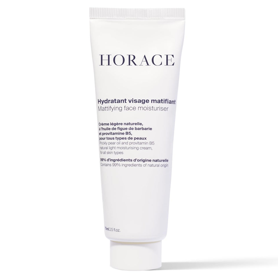 HORACE mattifying moisturizer bottle demonstrating fast absorption for shine control