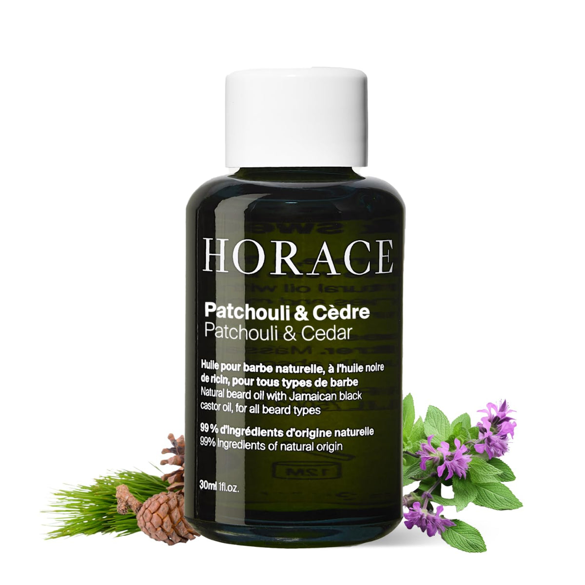 Horace Patchouli & Cedar beard oil bottle with woody aroma for grooming.