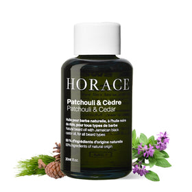 Horace Patchouli & Cedar beard oil bottle with woody aroma for grooming.