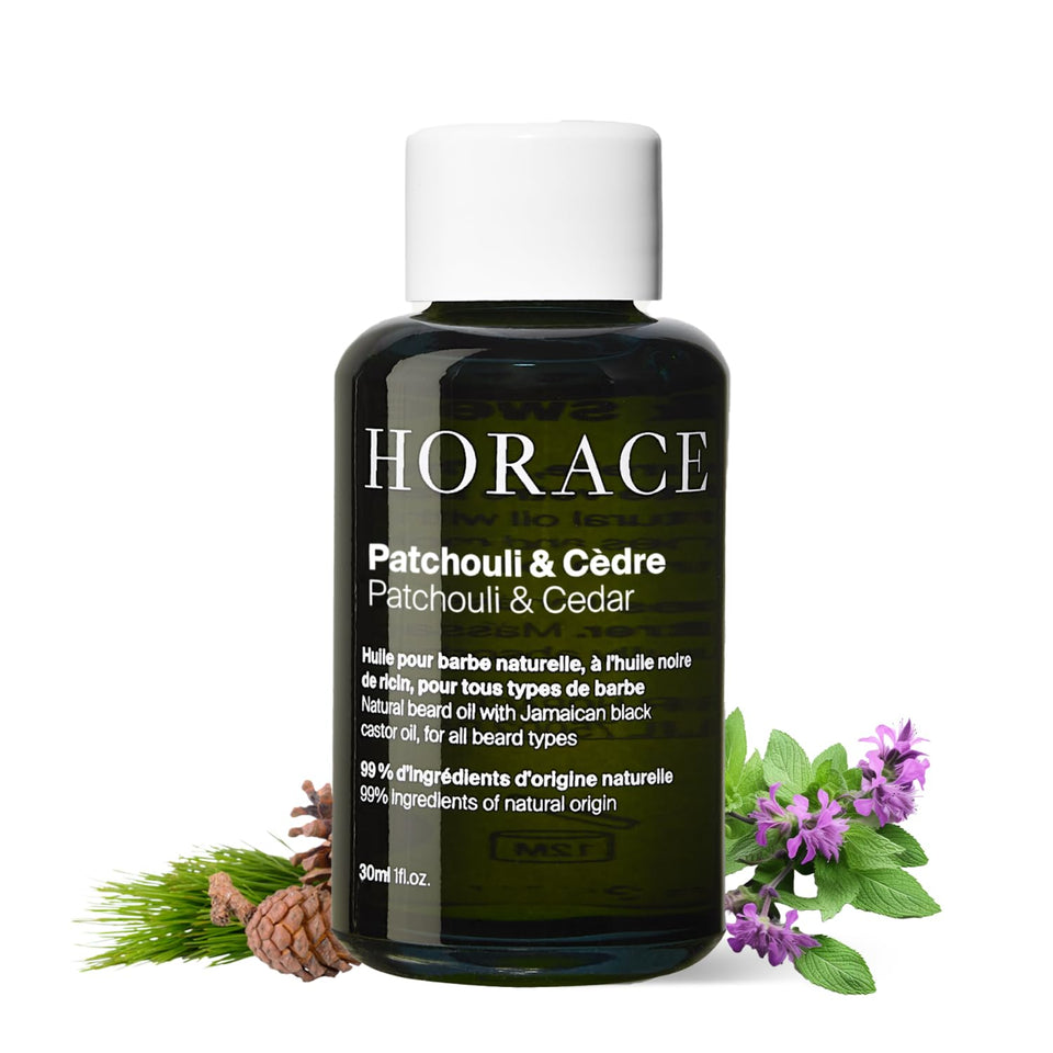 Horace Patchouli & Cedar beard oil bottle with woody aroma for grooming.
