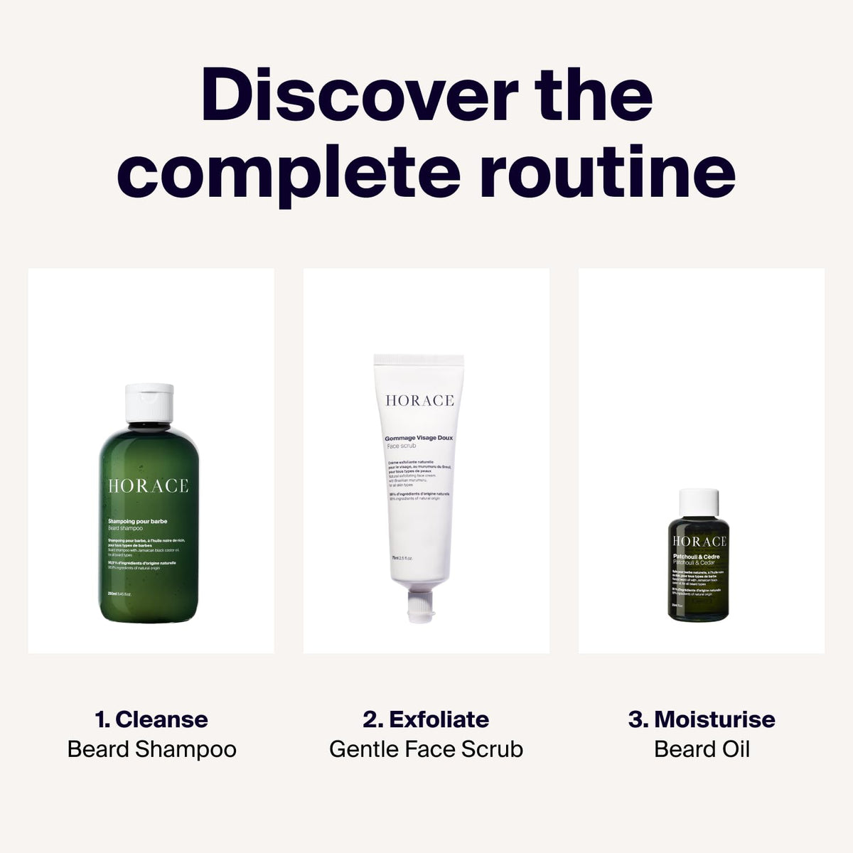 Horace Patchouli & Cedar beard oil flatlay highlights natural scent and grooming ritual.