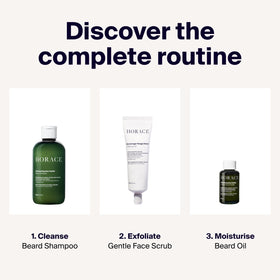 Horace Patchouli & Cedar beard oil flatlay highlights natural scent and grooming ritual.
