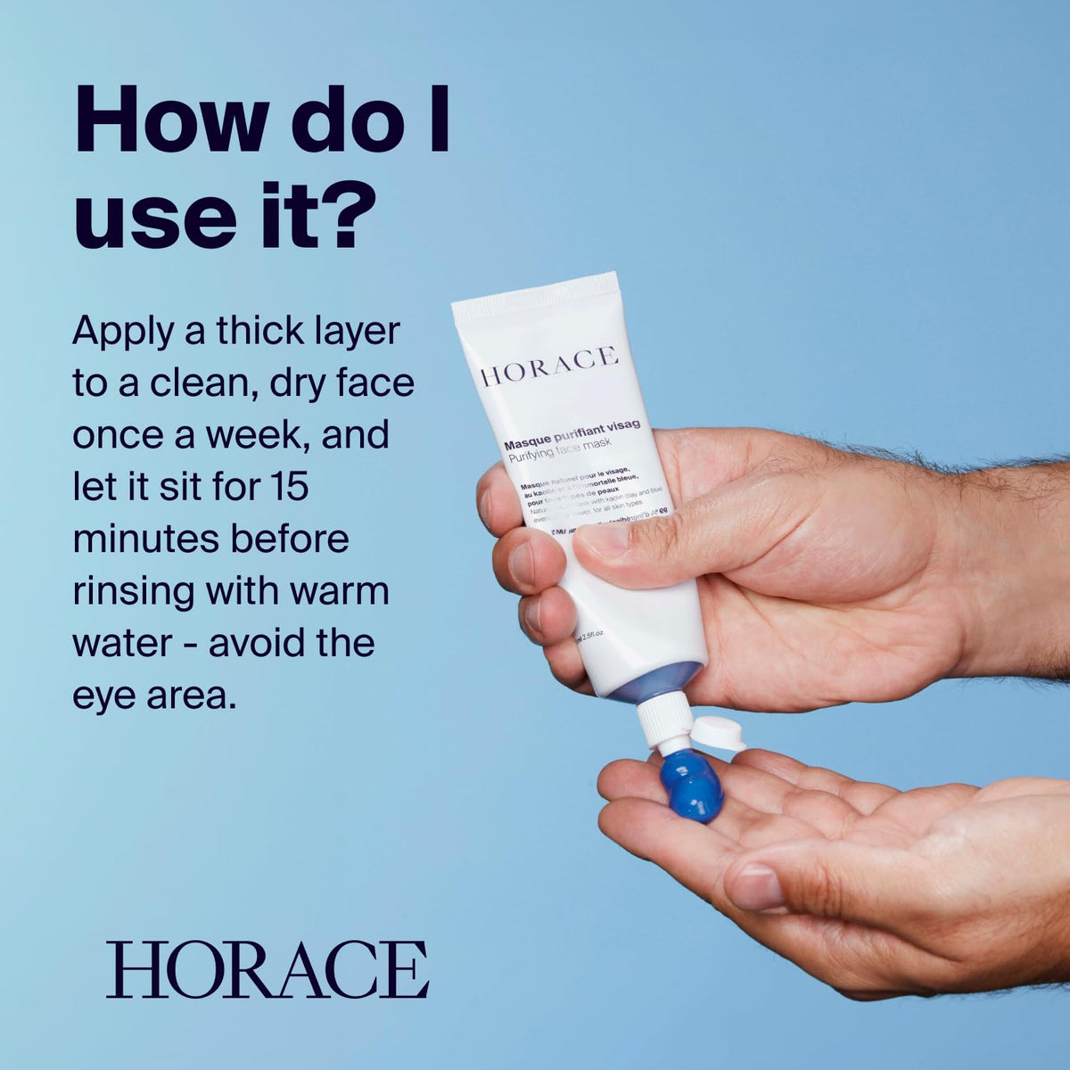 HORACE Purifying Face Mask bottle close-up highlights vegan, paraben-free formula.