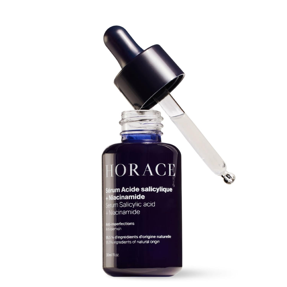 HORACE serum bottle with dropper showing precise application for clearer skin
