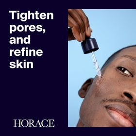 Close-up of HORACE serum texture illustrating lightweight, fast-absorbing formula