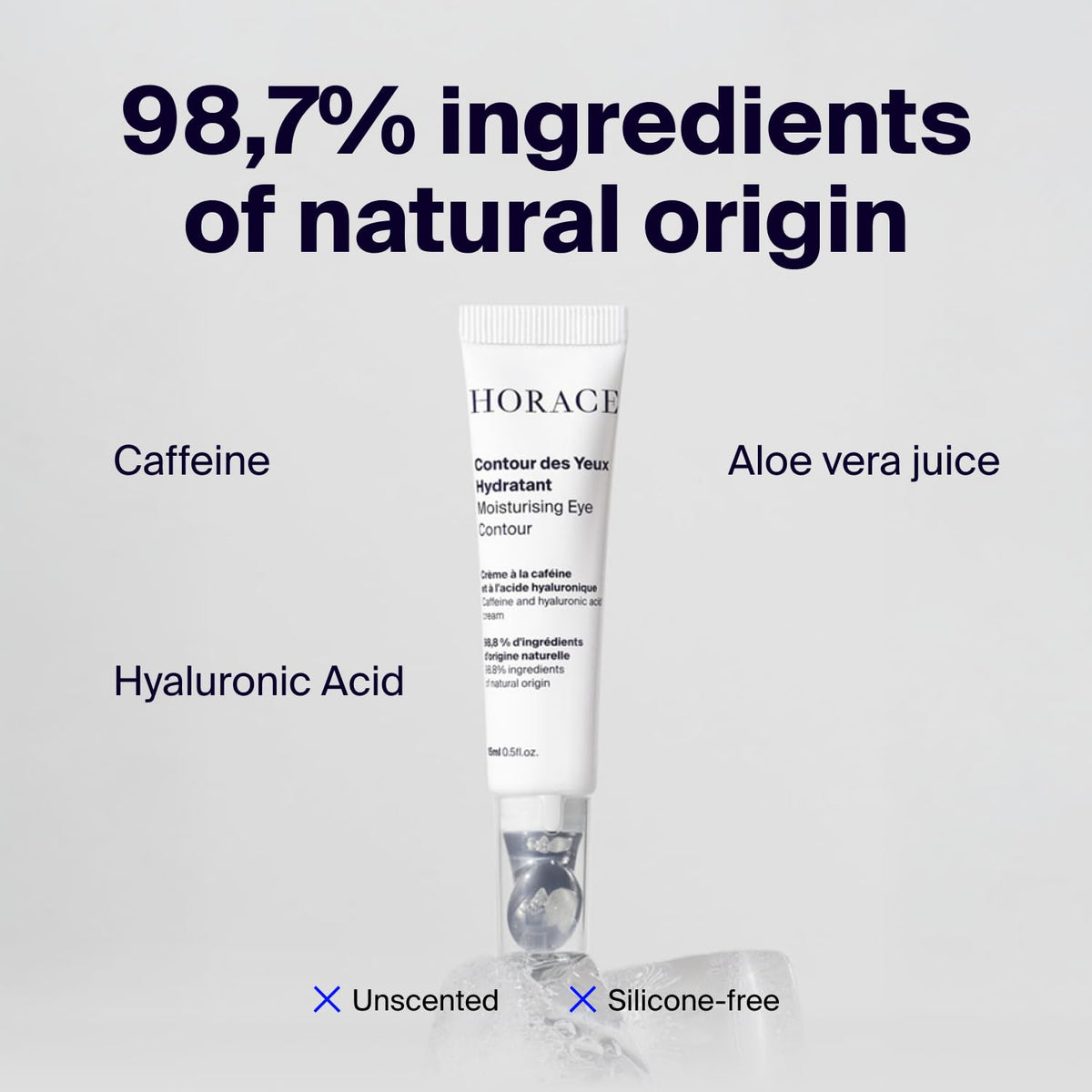 HORACE under-eye moisturizer texture shown during application for smooth, unscented care