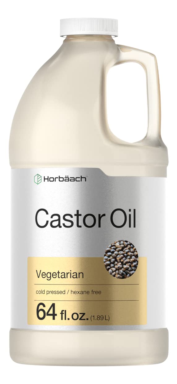Horbaach Castor Oil 64oz bottle front view, hexane-free and cold-pressed.