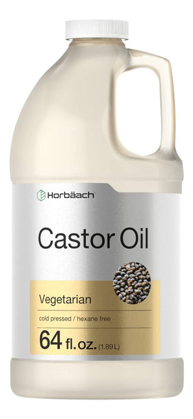 Horbaach Castor Oil 64oz bottle front view, hexane-free and cold-pressed.
