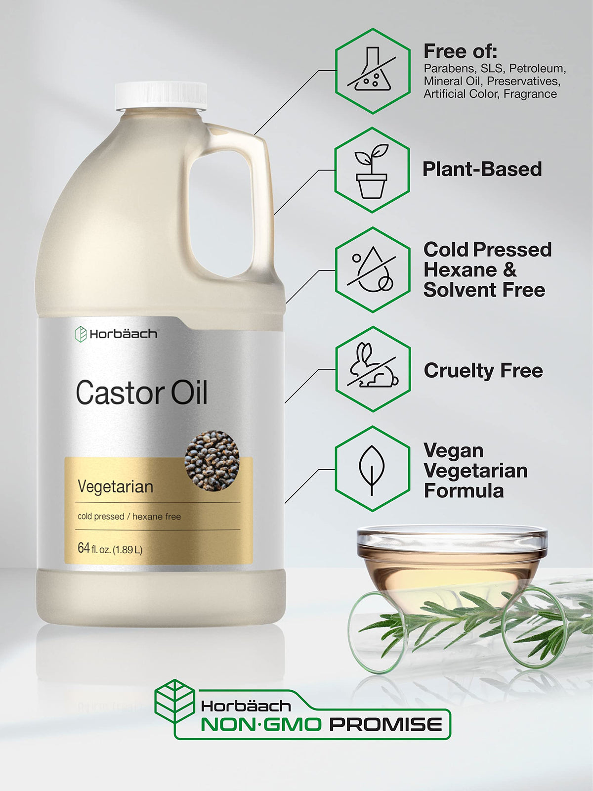 Horbaach Castor Oil bottle top closeup highlighting purity and fragrance-free label.