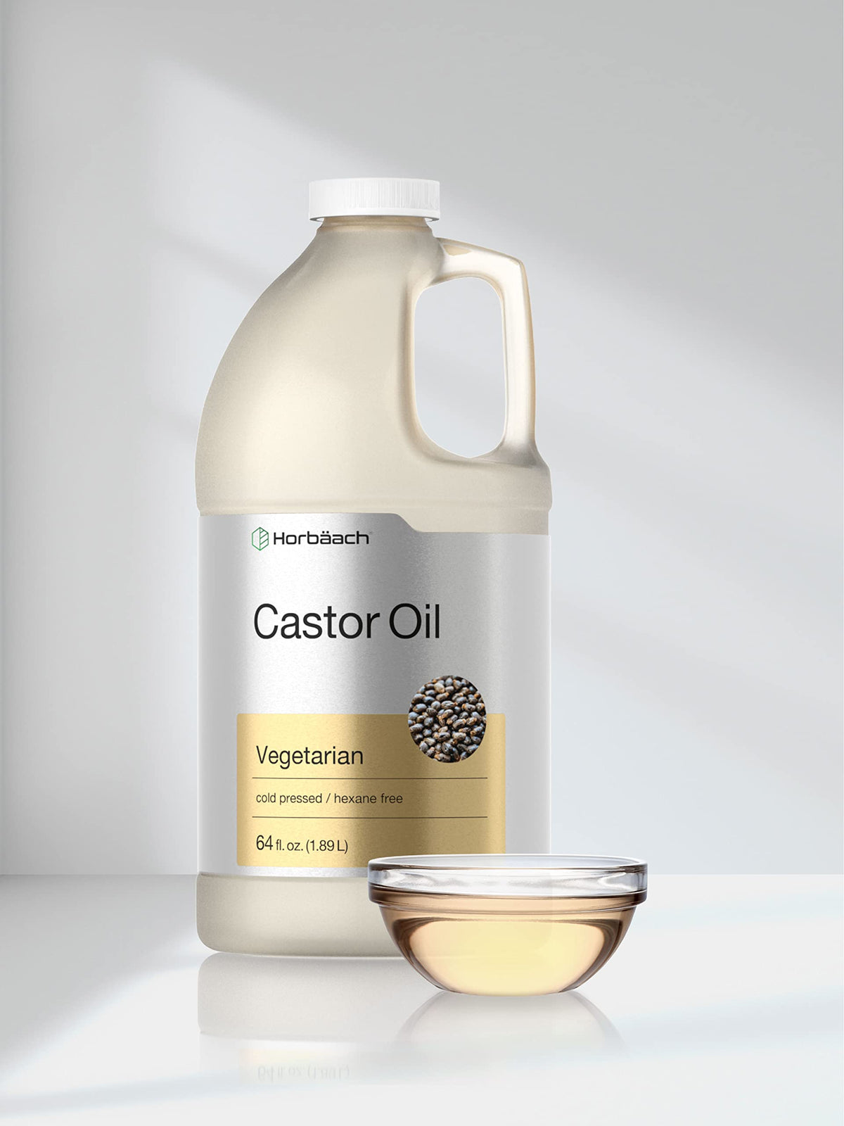 Horbaach Castor Oil packaging image showing large 64oz container.