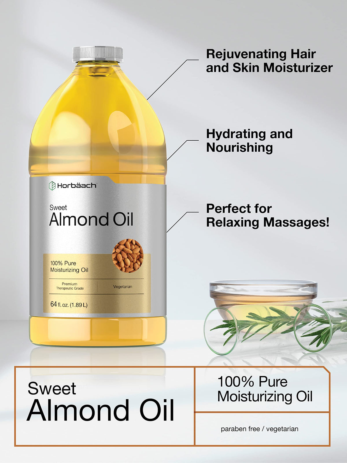 Horbäach Sweet Almond Oil label closeup highlights pure, vegetarian formula and non-GMO ingredients