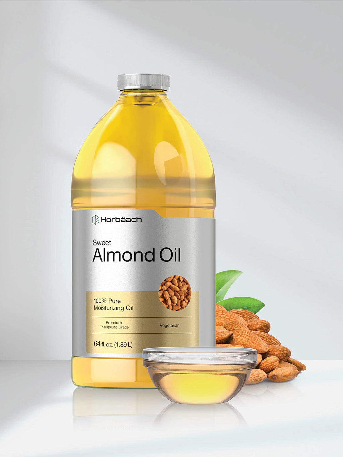 Horbäach Sweet Almond Oil packaging detail highlights gluten-free, vegetarian lifestyle suitability