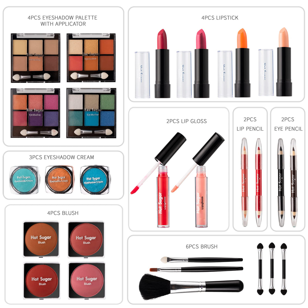Hot Sugar All In One Makeup Set lip gloss and lipstick for bold color.