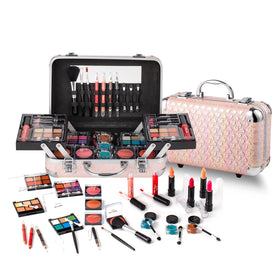 Hot Sugar All In One Makeup Set with pink heart train case for on the go touchups.