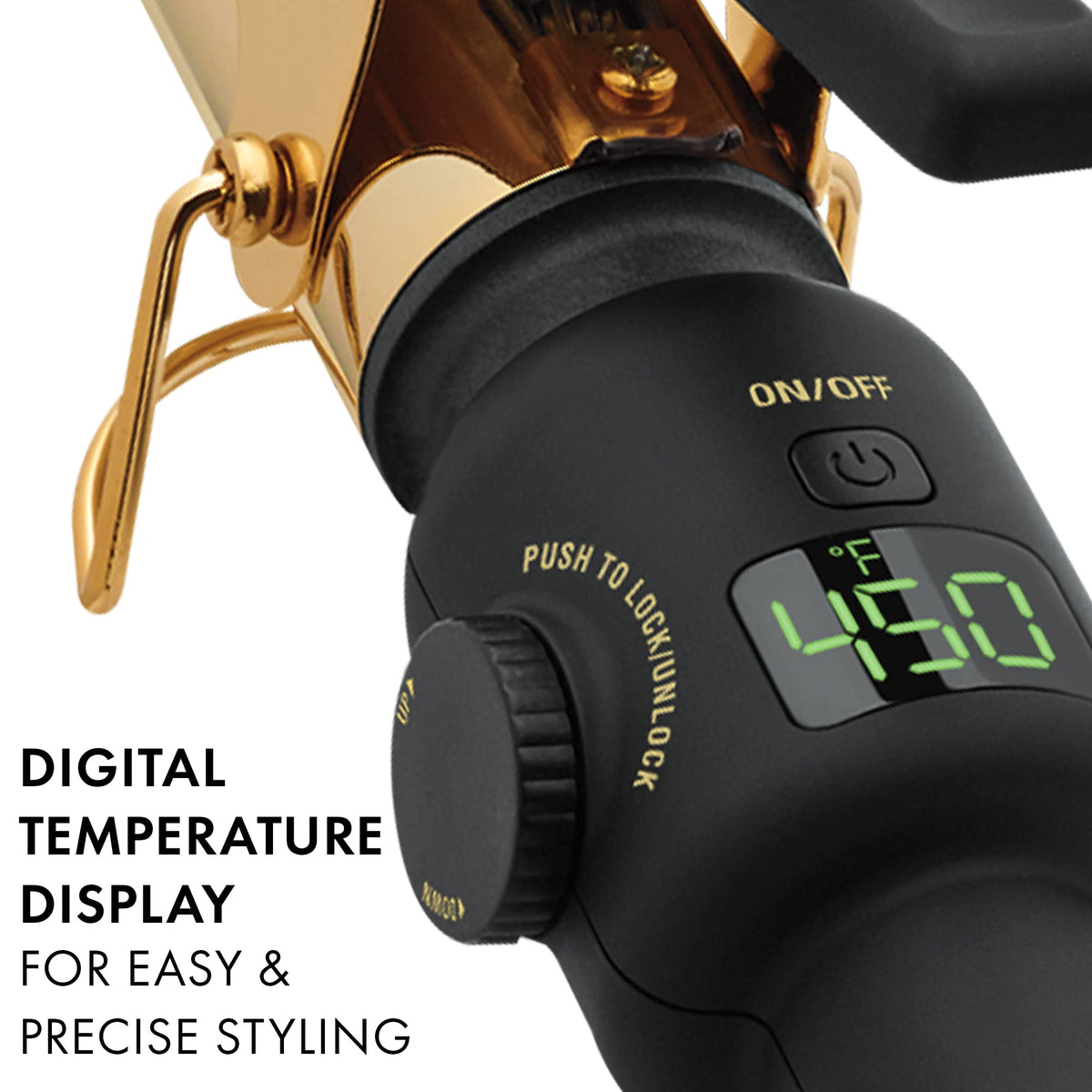 Hot Tools 24K Gold digital curling iron — 8ft swivel cord enables easy maneuvering.