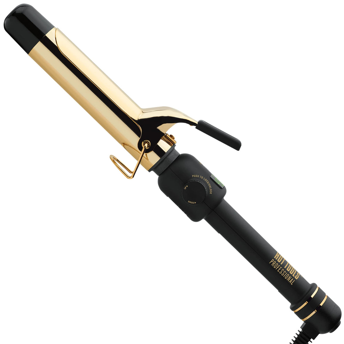 Hot Tools 24K Gold digital curling iron — full view for versatile curls.