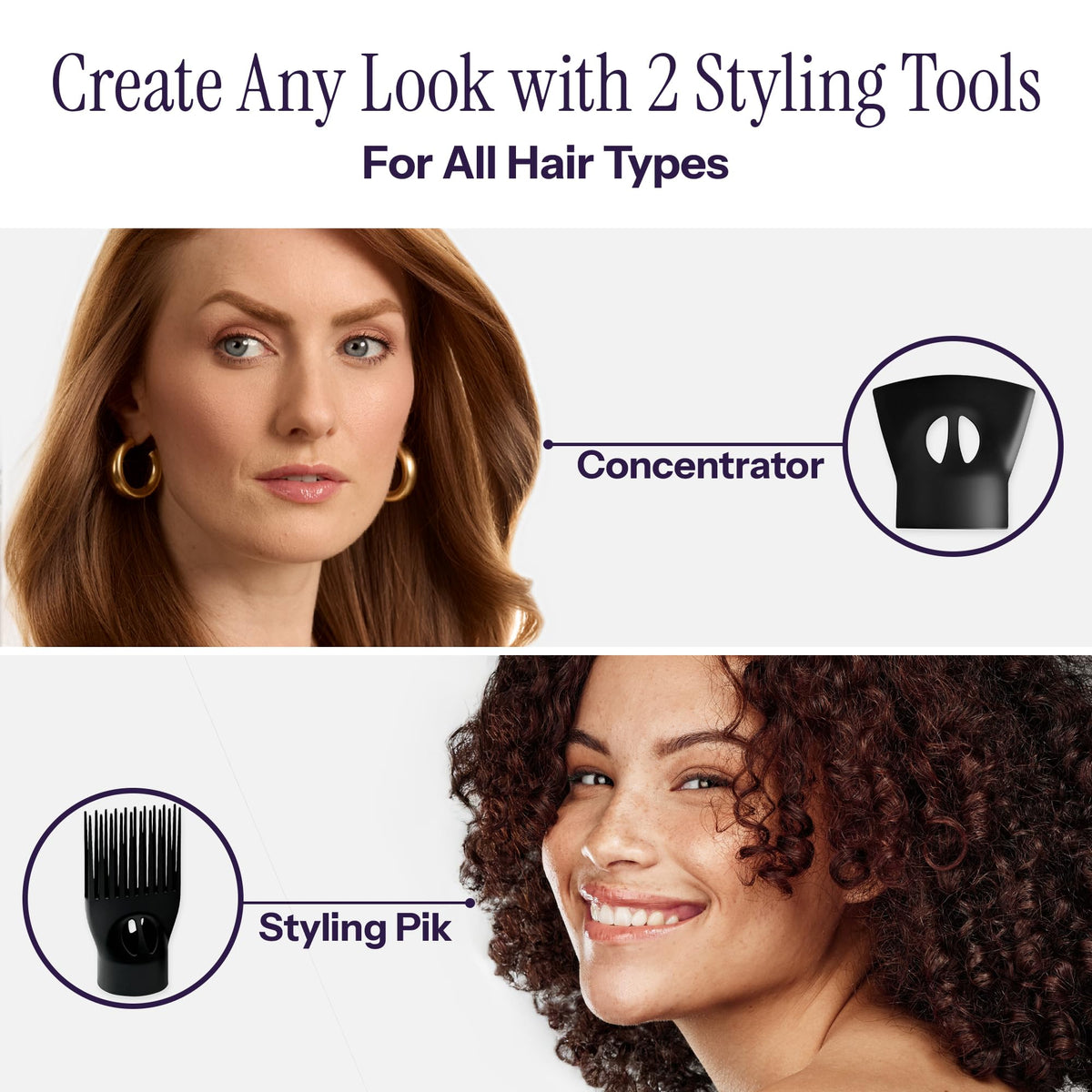Hot Tools concentrator attachment focuses airflow for precise smoothing.