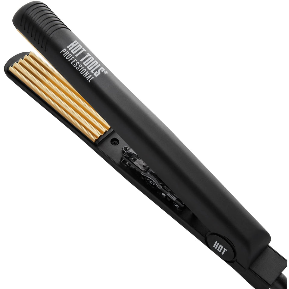 Hot Tools Pro Artist 24K Gold Crimping Iron plates close-up for textured volume