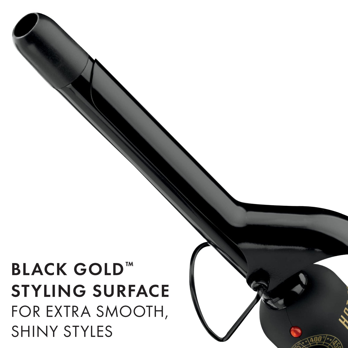 HOT TOOLS Pro Artist Black Gold Curling Iron features a soft touch handle for comfortable grip.