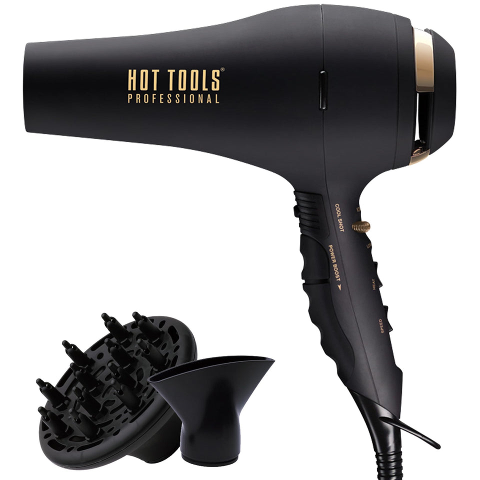 Hot Tools Pro Artist Black Gold dryer front view for fast drying and salon-quality results.