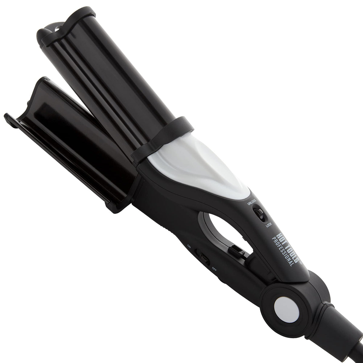 Hot Tools Pro Artist Nano Ceramic Deep Waver barrel close-up showing smooth surface for frizz-free shine.