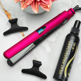 Hot Tools Pro Artist flat iron with swivel cord emphasizing travel-friendly setup.