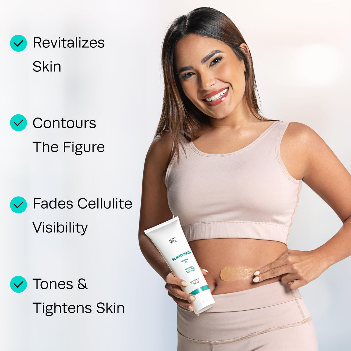 Hot Vita Slimdown gel texture close-up highlighting lightweight, fast-absorbing formula.