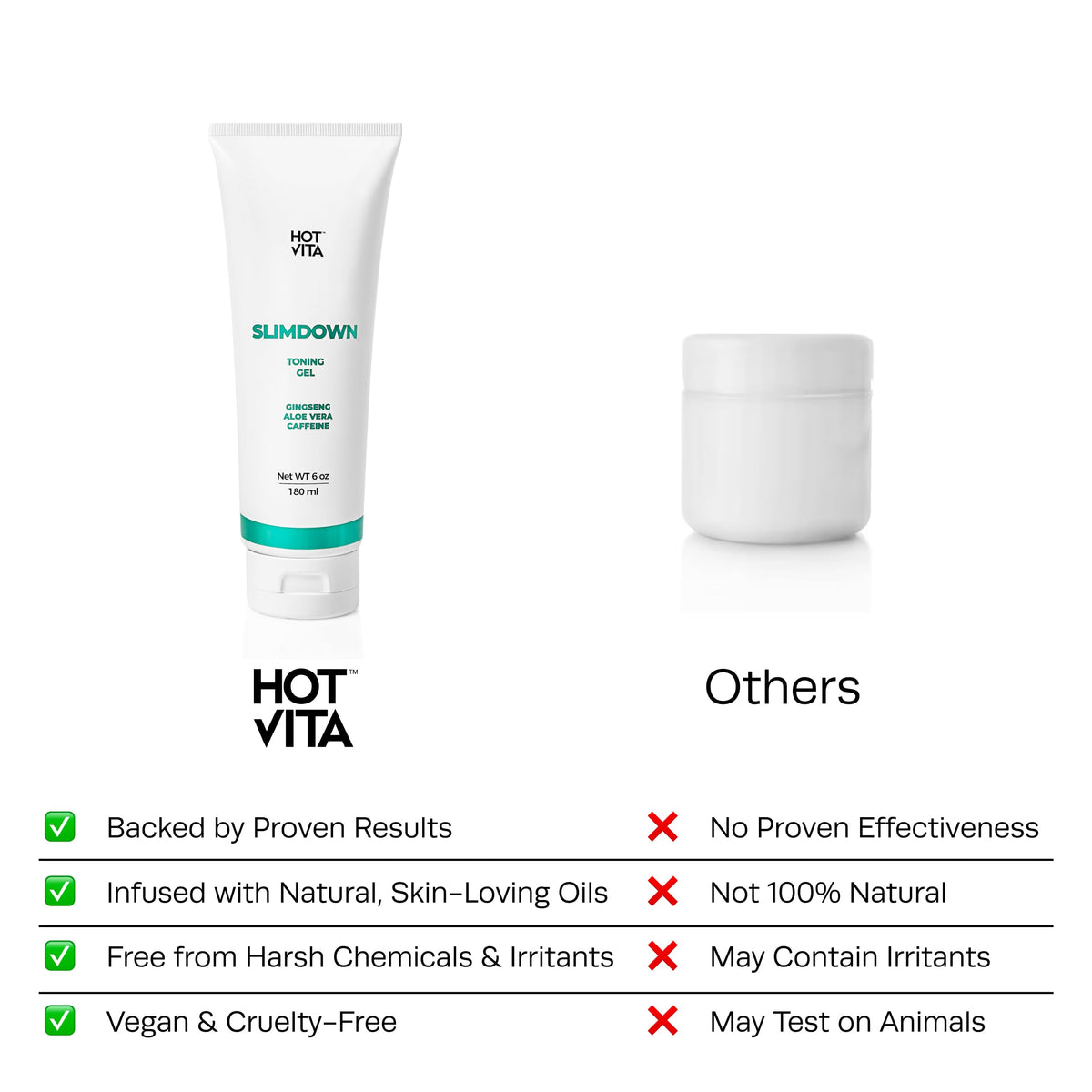 Hot Vita Slimdown vegan, paraben-free ingredients badge.