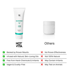 Hot Vita Slimdown vegan, paraben-free ingredients badge.