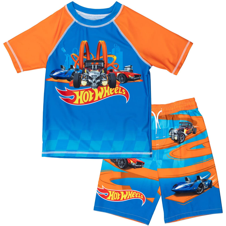Hot Wheels little boys blue rash guard offering UPF 50+ sun protection.