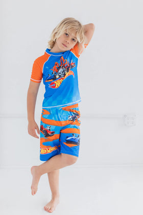 Hot Wheels little boys blue swim trunks with quick-dry fabric.