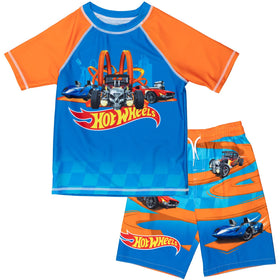 Hot Wheels little boys raglan swim shirt with bold print for sun protection and fun.