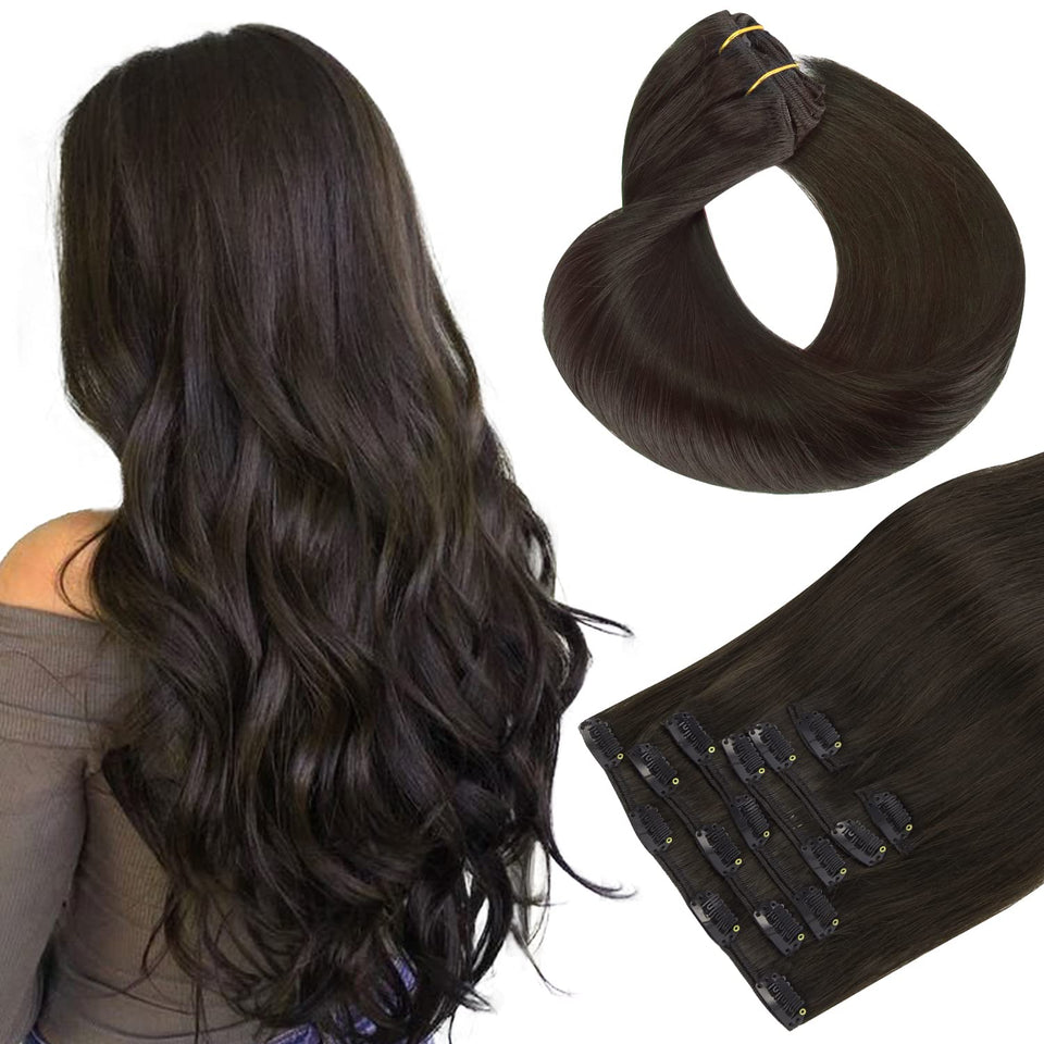 Hotbanana clip-in extensions in dark brown add instant length and shine.