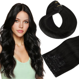 Hotbanana clip-in hair extensions in jet black 18-inch for quick volume