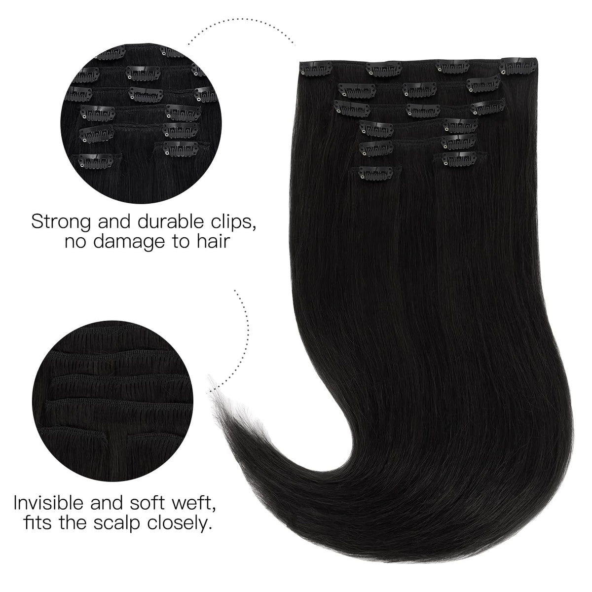 Hotbanana real human hair Remy clip-in extensions jet black blend naturally