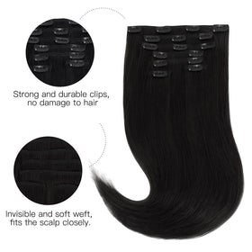 Hotbanana real human hair Remy clip-in extensions jet black blend naturally
