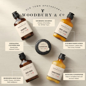Woodbury Co travel size body wash tube for refreshed skin during stays.