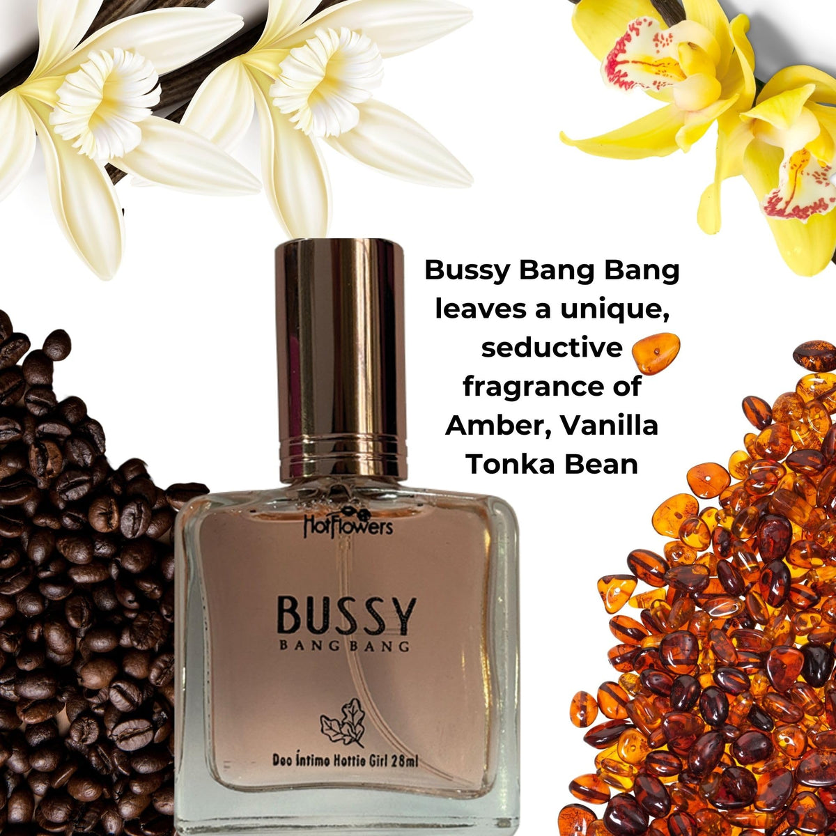 Hot Flowers Bussy Bang Bang packaging emphasizes alcohol-free, dermatologist-tested care.