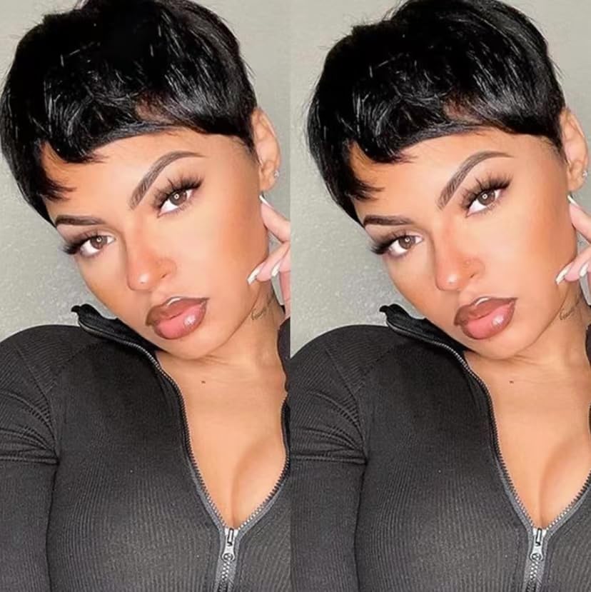 HOTKIS Pixie Cut Wig natural black front view shows a realistic hairline for everyday wear