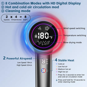 HOTLIFE hair dryer showing HD display with adjustable temperature and speed