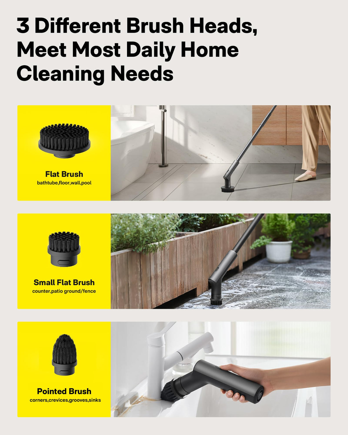 HOTO pointed brush targets corners and sinks for detail cleaning.